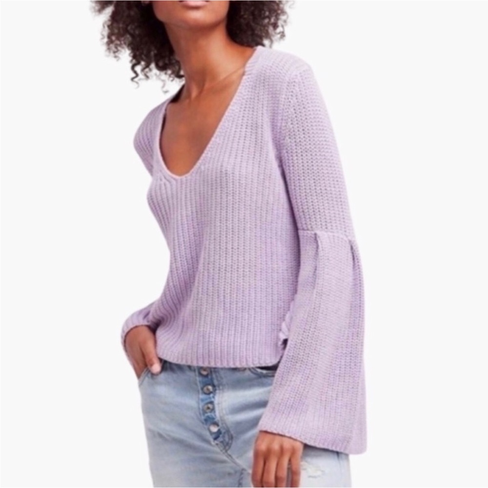 Free People Lilac V-Neck Cotton Sweater